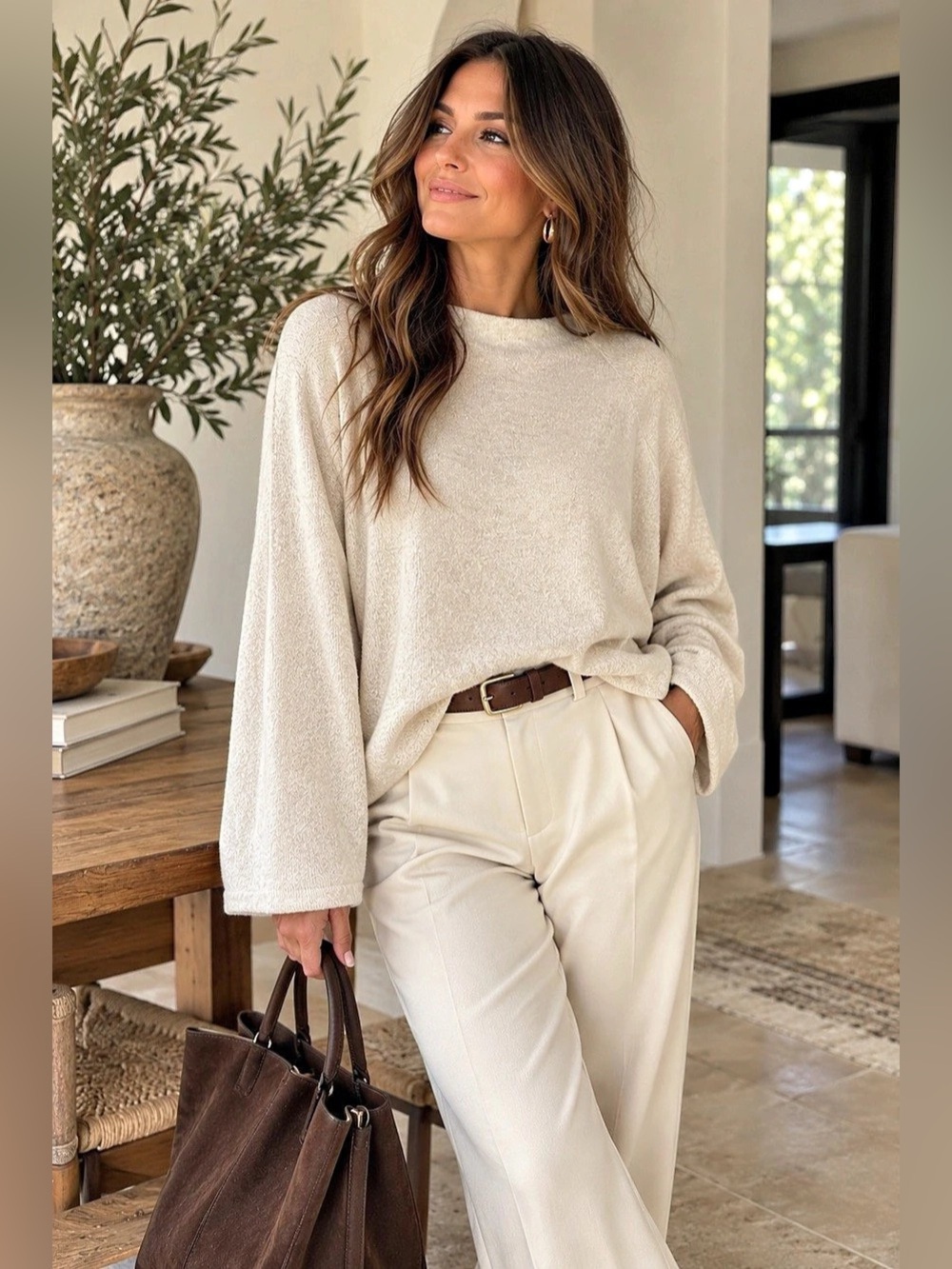 H&M Cream Oatmeal Soft Knit Mock Neck Sweater Size L
